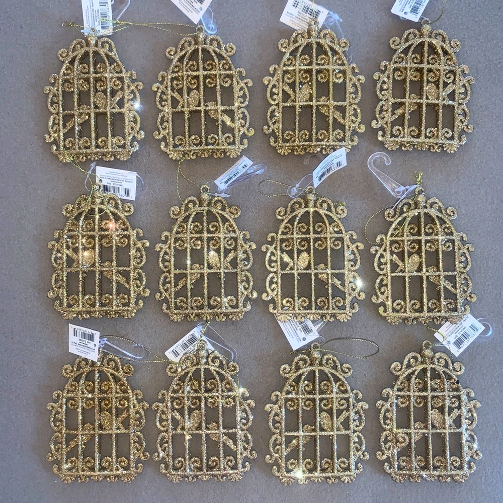 Lot 12 NEW Gold Golden Glitter Bird Cage Christmas Ornament Holiday Time Shimmer